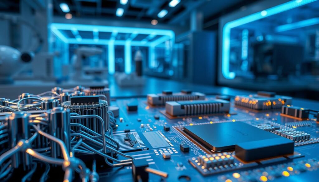 A close-up view of advanced semiconductor technology focusing on cobalt's role in 2nm chip design. In the foreground, intricately detailed cobalt metallic structures interwoven with micro-transistors glimmer with a blue and silver sheen, representing cutting-edge innovation. The middle ground features a high-tech circuit board, showcasing densely packed transistors with glowing connections. The background fades into a sleek, futuristic laboratory setting, illuminated by soft blue LED lighting, creating a sense of advanced research. The atmosphere is infused with a feeling of technological sophistication and discovery. The image should capture the essence of progress in chip technology without any text or overlays.