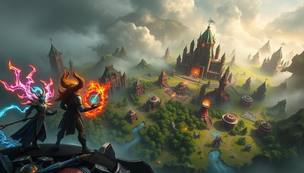 A dynamic and detailed illustration of a Dota 2 map transformed after patch 7.38, focusing on new mechanics. In the foreground, vibrant hero icons representing Storm Spirit and other characters stand prominently, showcasing their abilities with shimmering effects. The middle ground features a reimagined landscape, with lush forests, dynamic terrain changes, and strategic elements like new jungle camps and altered towers, all bathed in dramatic lighting that highlights the chaos of battle. The background depicts the iconic Dota 2 Ancients, shrouded in a mystical fog, giving a sense of epic scale and adventure. The atmosphere is tense and energetic, suggesting impending conflict and strategy, perfect for a gaming audience. Use a wide-angle lens for depth and focus, ensuring an immersive experience into the new gaming mechanics and map layout.