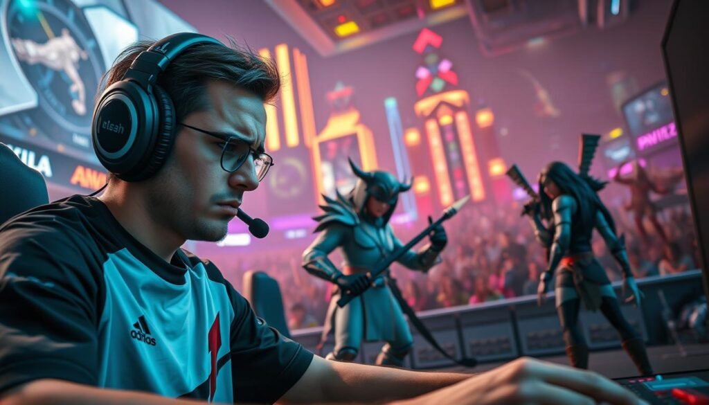 A high-stakes gaming scenario showcasing the toxic behavior in elite ranks, set in a vibrant digital arena. In the foreground, a competitive gamer, focused and intense, wears a professional gaming headset and a sleek gaming jersey, showing signs of frustration. The middle ground features stylized characters from a fantasy battle, one character in a confrontational pose, while another looks disheartened, representing the effects of toxic interactions. The background depicts a futuristic cityscape, illuminated by neon lights, with a crowd of spectators, emphasizing the high-pressure environment. The atmosphere is tense and dramatic, with contrasting lighting highlighting the emotional turmoil. Capture it from a dynamic low angle, suggesting the grandeur of competitive gaming while focusing on the intense emotions of the characters involved.