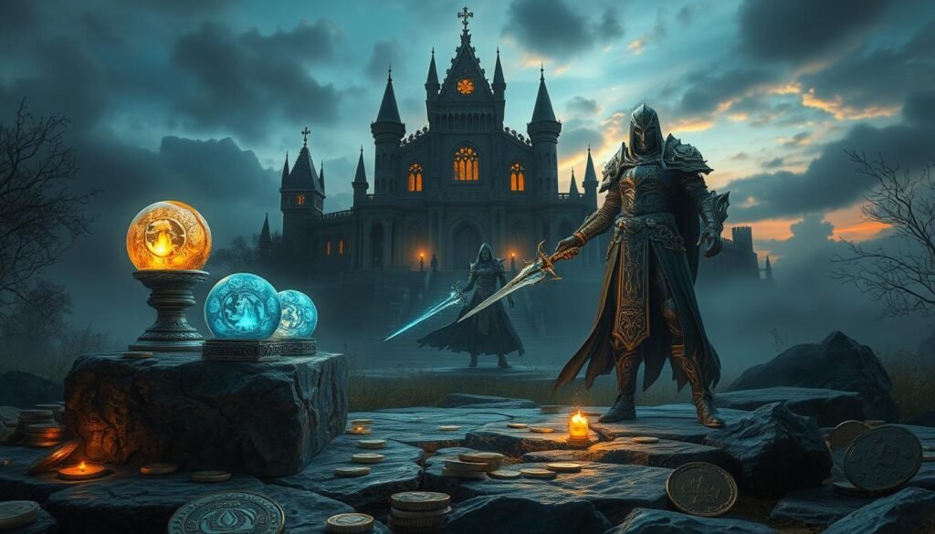 A mystical scene showcasing an intricate relic system and a selection of game costumes inspired by a dark fantasy setting. In the foreground, a weathered stone pedestal holds glowing relics, each pulsating with ethereal light, surrounded by scattered golden coins and mystical artifacts. The middle ground features a character clad in elaborate armor, equipped with a magical sword, showcasing a blend of elegance and battle-ready stance. Their armor should reflect intricate designs with ornate patterns. In the background, a beautifully crafted, dark-hued castle looms under a twilight sky, illuminated by a soft, dim glow. The atmosphere is filled with a sense of adventure and mystery, enhanced by a misty ambiance and rich, vibrant colors. The composition should emphasize depth and detail, creating an inviting yet enigmatic vibe.