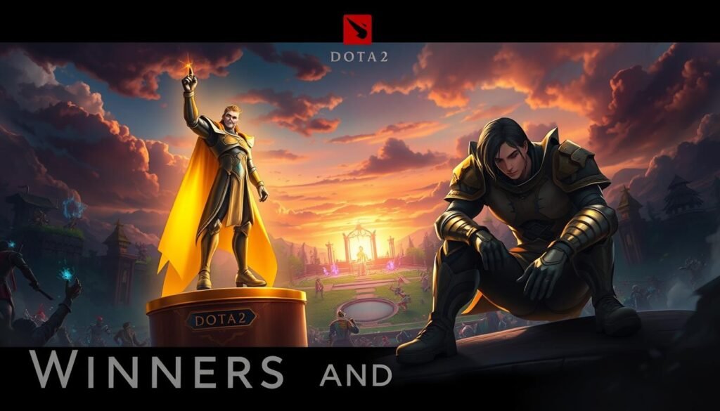 A vibrant and dynamic scene depicting the contrasting elements of Dota 2 heroes, labeled as "Winners and Losers." In the foreground, a victorious hero stands confidently on a podium, bathed in golden light, showcasing an aura of power and triumph, dressed in sleek, professional armor. To the side, a defeated hero sits dejectedly on the ground, shadows encroaching around them, with a somber expression, their armor slightly tarnished, representing the struggles of recent nerfs. In the middle ground, a lush Dota 2 battleground is visible, with hints of vibrant spell effects and characters in motion, illustrating active gameplay. The background is a dramatic sky, transitioning from dawn to dusk, symbolizing change. The atmosphere is charged with tension and emotion, evoking the highs and lows of competitive gaming.