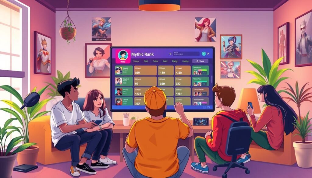 A vibrant illustration depicting the positive impact of a revamped Mythic Rank system in Mobile Legends. In the foreground, a group of diverse gamers, including a mixture of genders and ethnicities, dressed in casual, comfortable clothing, enthusiastically discussing strategies in an inviting gaming environment. In the middle ground, a large computer screen displays the new Mythic Rank interface that is colorful and user-friendly, showcasing players’ progress and achievements in a non-toxic atmosphere. The background features a cozy gaming room, lit with warm tones, complete with posters of Mobile Legends heroes and plants for a relaxed vibe. The scene captures camaraderie and positivity, emphasizing teamwork and friendly competition in gaming. Bright, soft lighting enhances the inviting atmosphere, while a dynamic camera angle brings the viewer into the lively action.