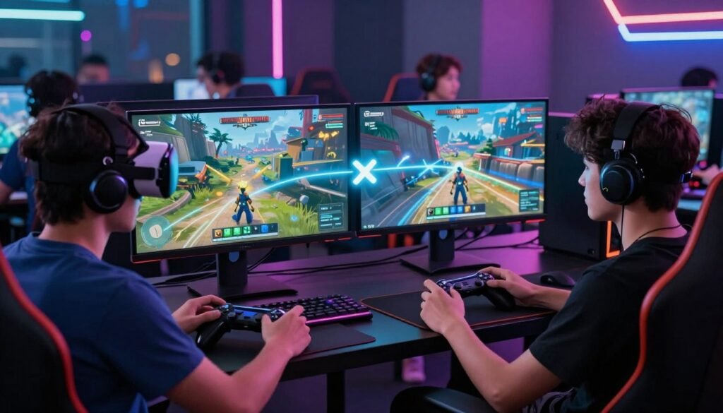 A futuristic gaming scene depicting two players engaging in cross-play on different platforms. In the foreground, a diverse group of gamers, one wearing a VR headset and the other using a gaming console, are visible, focused on their screens. The middle layer features two large monitors displaying vivid game worlds connected through glowing lines, symbolizing cross-progression. The background showcases an urban gaming lounge filled with neon lights and modern technology, creating a vibrant ambiance. The lighting is dynamic, with a soft glow illuminating the players' faces, enhancing the mood of excitement and engagement. Capture the essence of innovation and camaraderie in the multiplayer gaming experience, conveying the importance of cross-play and cross-progression. A futuristic gaming scene depicting two players engaging in cross-play on different platforms. In the foreground, a diverse group of gamers, one wearing a VR headset and the other using a gaming console, are visible, focused on their screens. The middle layer features two large monitors displaying vivid game worlds connected through glowing lines, symbolizing cross-progression. The background showcases an urban gaming lounge filled with neon lights and modern technology, creating a vibrant ambiance. The lighting is dynamic, with a soft glow illuminating the players' faces, enhancing the mood of excitement and engagement. Capture the essence of innovation and camaraderie in the multiplayer gaming experience, conveying the importance of cross-play and cross-progression.