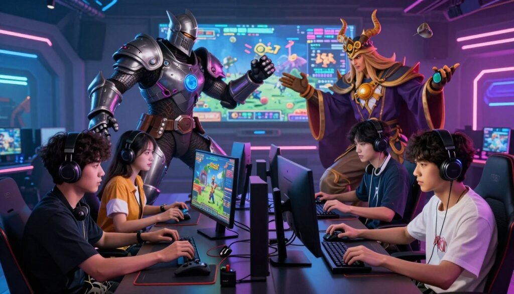 A vibrant digital artwork showcasing iconic legendary video game characters from various genres engaging in cross-play gaming. In the foreground, a diverse group of four gamers, two males and two females, portray intense focus as they play together on their consoles and PCs. They are dressed in stylish, casual clothing. In the middle ground, a clash of famous game icons, such as a heroic knight, a futuristic sci-fi soldier, and a mystical wizard, create a dynamic interplay, representing the essence of cross-play. The background features a futuristic gaming arena, illuminated by neon lights and digital screens showcasing popular game titles. The atmosphere is energetic and collaborative, capturing the excitement of multiplayer gaming. The scene is illuminated by a dramatic, colorful light source creating a dynamic look, emphasizing the cross-connection of gaming communities.