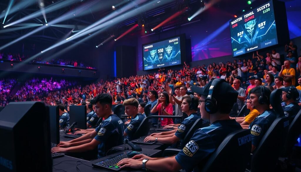 A vibrant esports tournament scene set in a modern gaming arena. In the foreground, a diverse group of professional gamers, wearing team jerseys and focused expressions, engage intensely with their computers. Their high-tech gaming setups are illuminated by colorful LED lights. In the middle ground, an excited audience cheers from sleek, tiered seating, holding gaming merchandise and displaying team banners. The atmosphere is electric, filled with energy and anticipation. In the background, a large digital scoreboard displays live match statistics and highlights, while spotlights sweep across the venue. The lighting is dynamic and dramatic, emphasizing the competitiveness of the tournament. The overall mood conveys passion, teamwork, and the thrill of esports competition.